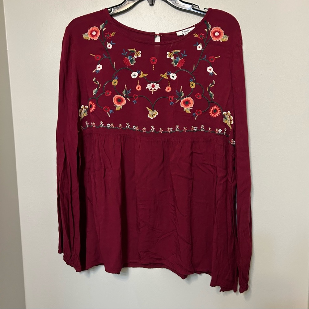 Jodifl Floral Embroidered Long Sleeve Blouse Burgundy Women's Large Boho EUC Top